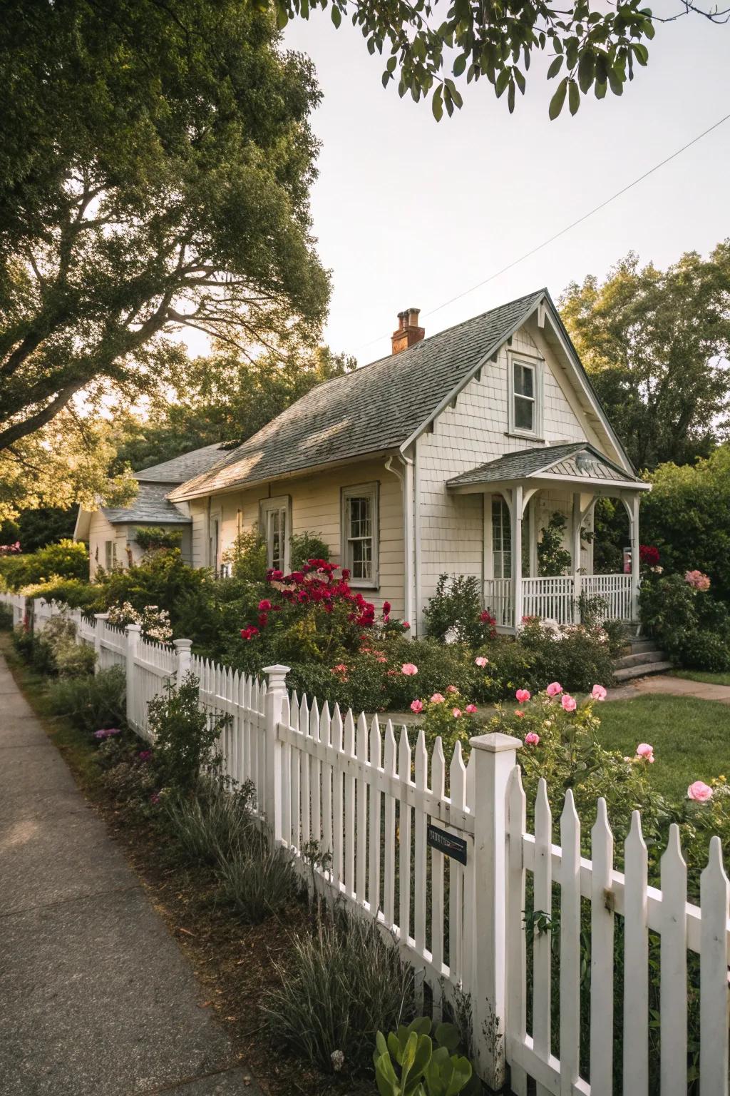 A white picket barrier adds classic charm to a cottage exterior.
