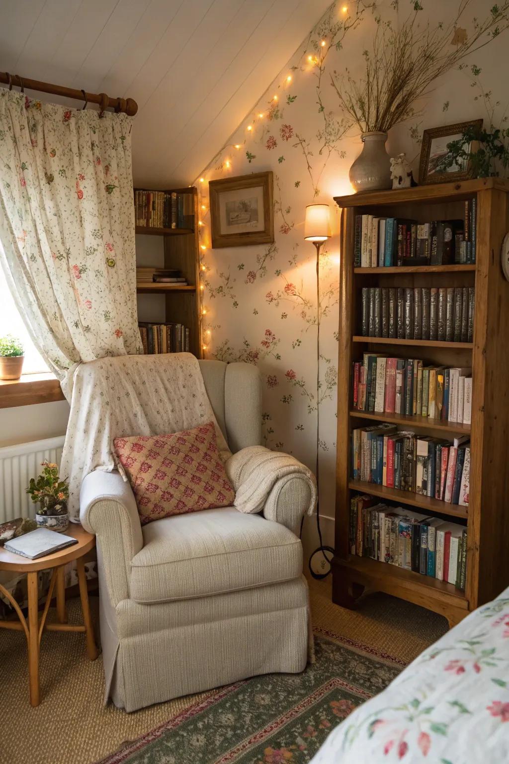 A reading nook invites relaxation and literary escape.