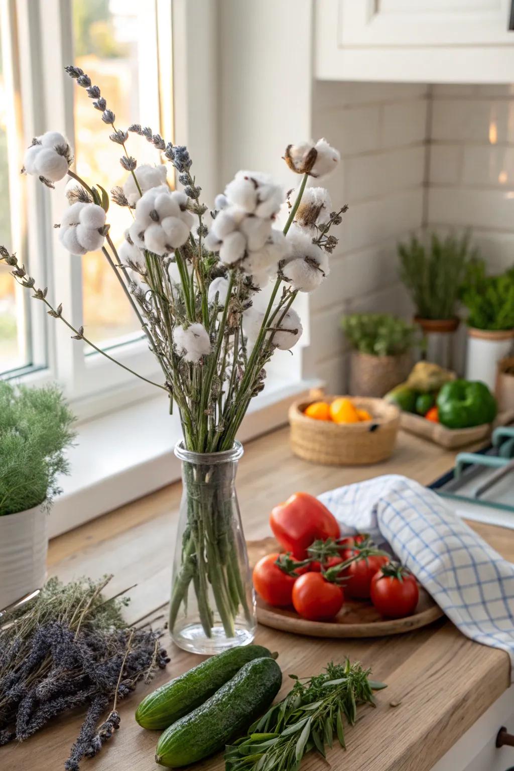 Garden fresh featuring cotton, herbs, and lavender.