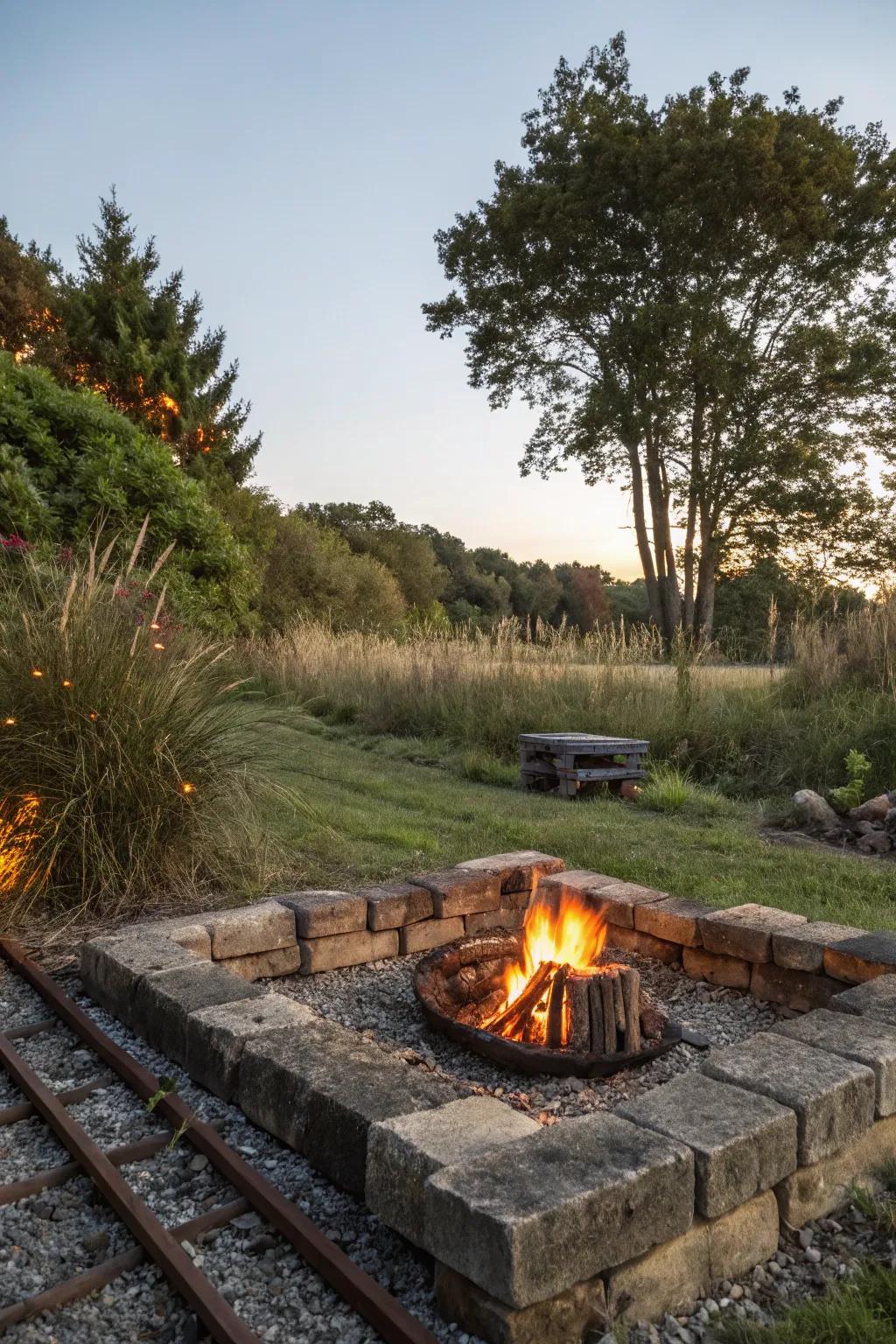 Railway ties offer a sturdy and rustic foundation for your fire pit.