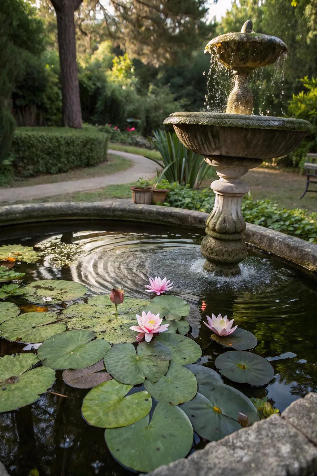 A water feature adds tranquility and beauty.