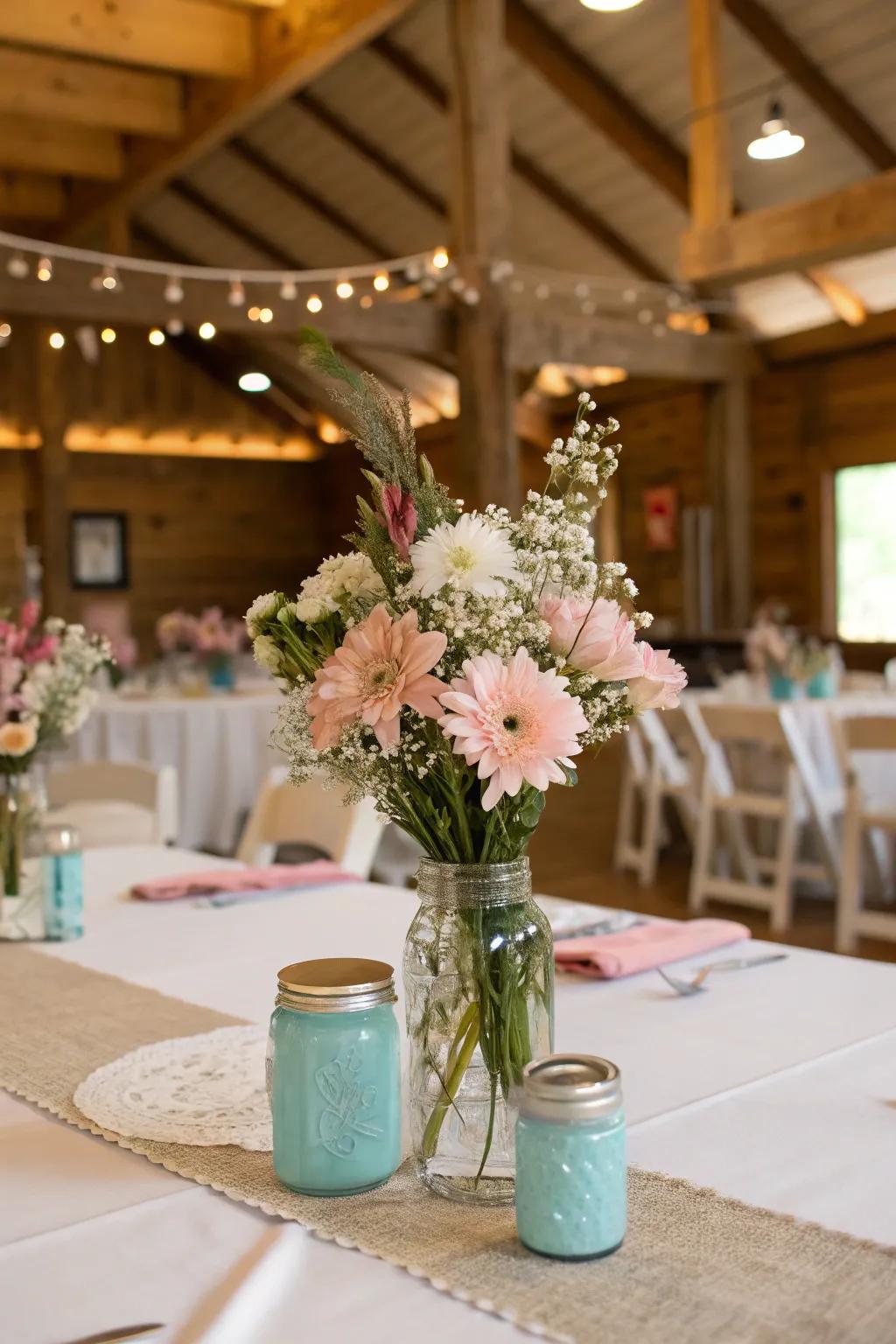 A unrefined wedding table featuring stoneware container botanical focal points.