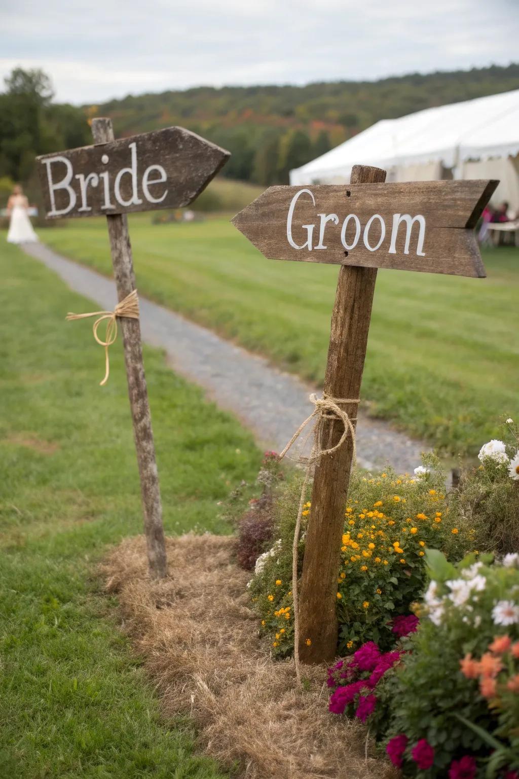 Handcrafted nuptial markers infuse personalized charm and functionality.