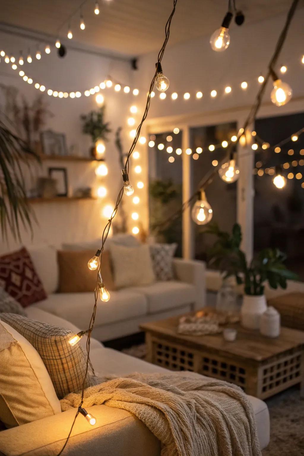 Lights add a whimsical touch and cozy glow.