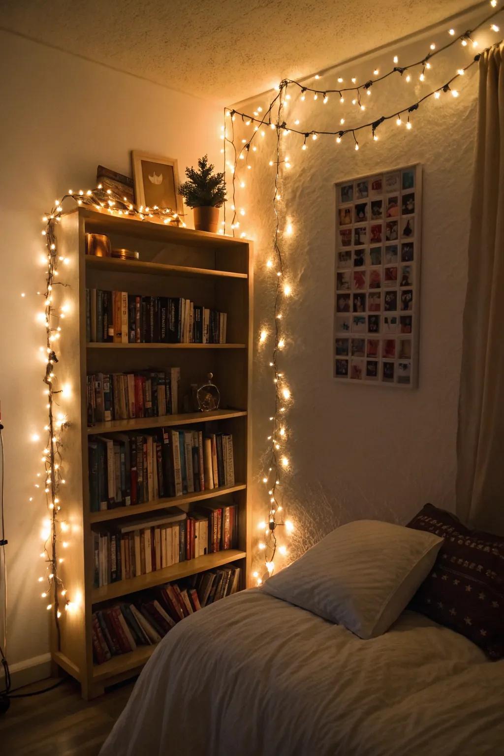 A bookshelf highlighted using twinkle lights.