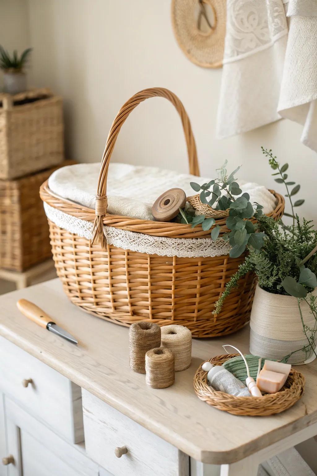 Embrace the past with a touch of elegance: Grandma's sewing basket as a timeless decor piece.