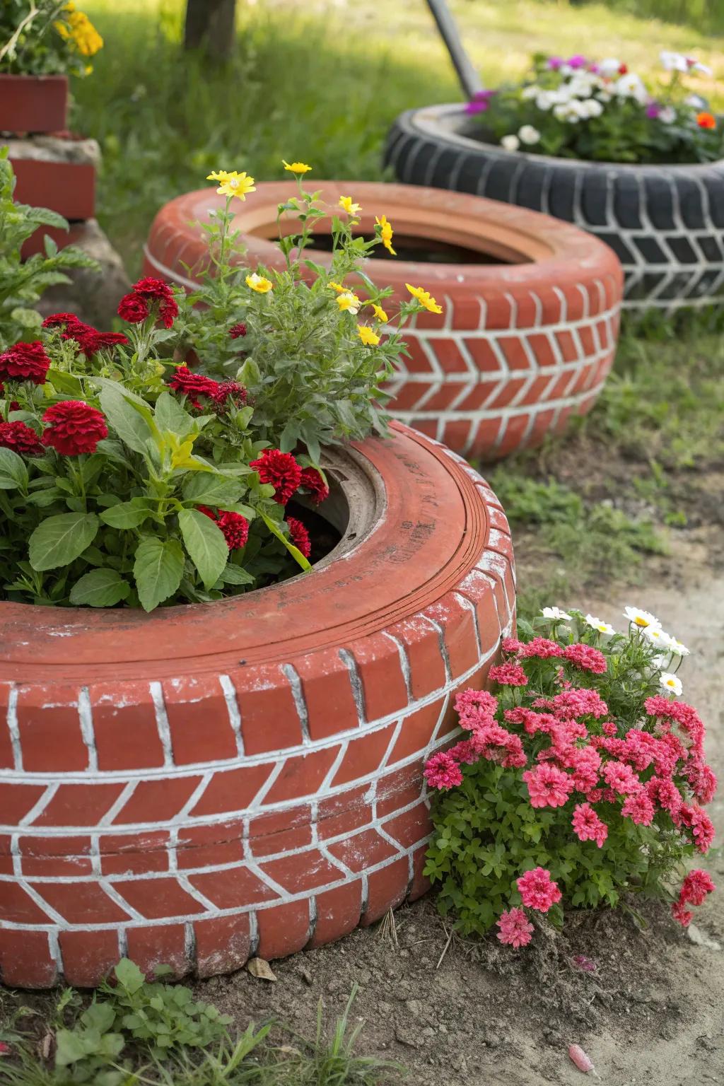 Artistic brick-patterned tire flower pots in a garden setting.