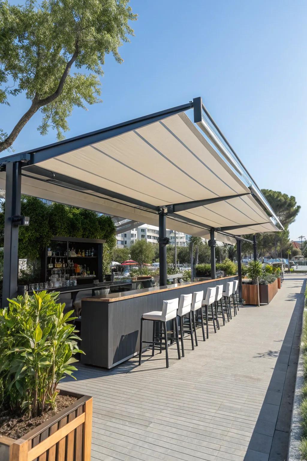 An awning furnishes stylish shelter for this outdoor bar.
