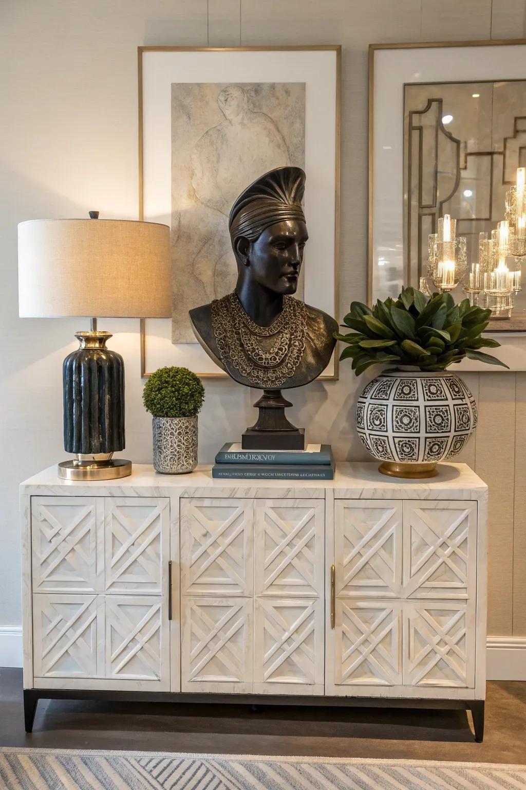 A sideboard featuring a bold sculpture as a centerpiece.