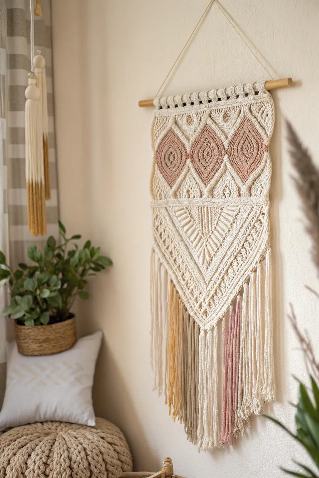 Enhance your space with the sophistication of a handmade crochet wall hanging, where minimalist design meets boho charm.