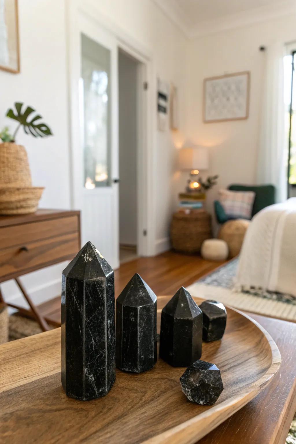 Room corners adorned with black tourmaline for grounding energy.