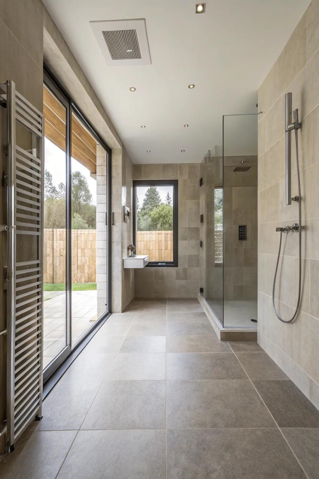 A washroom design seamlessly integrates the shower with the rest of the bathroom.