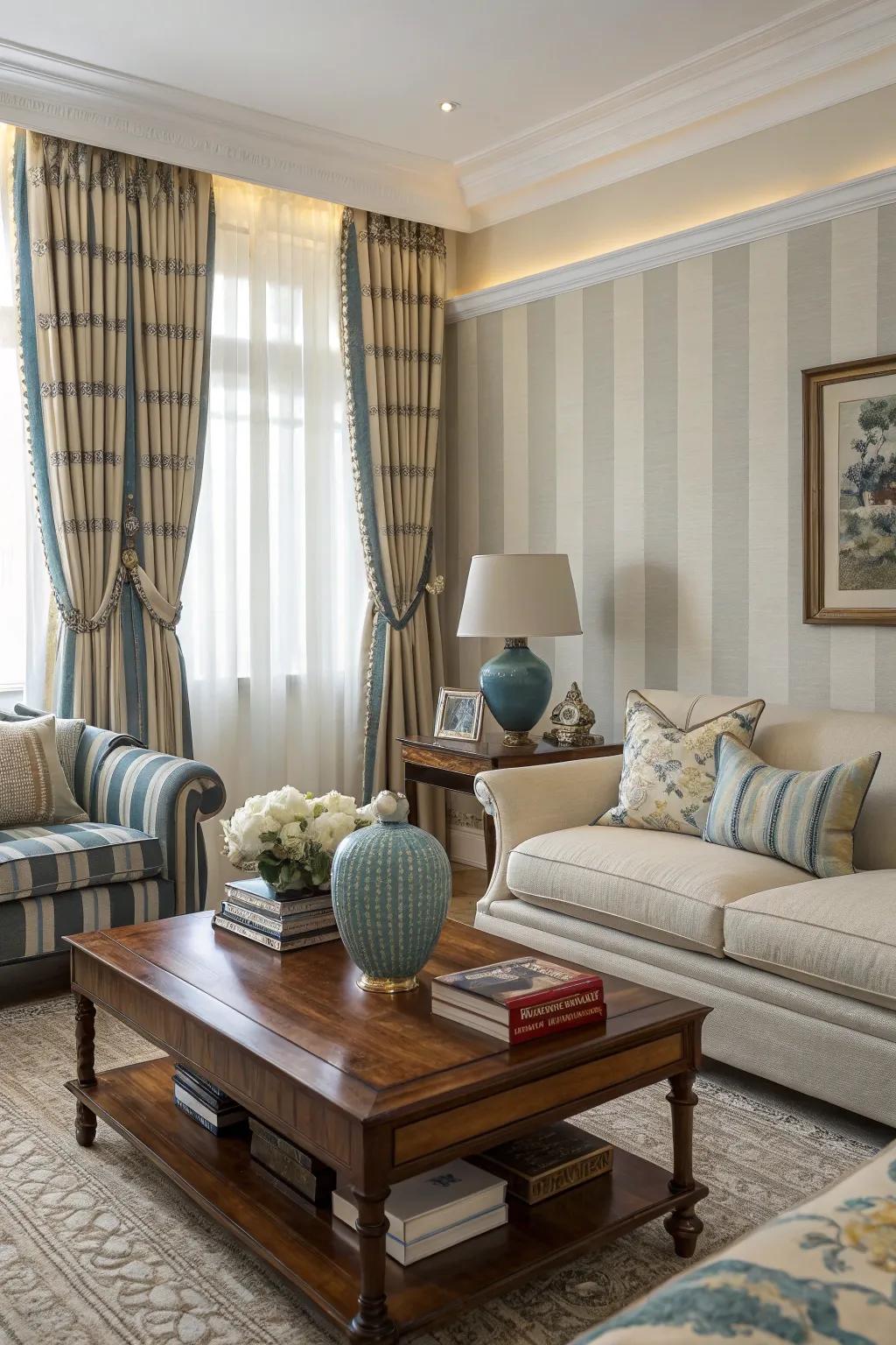 Striped drapes deliver timeless elegance.