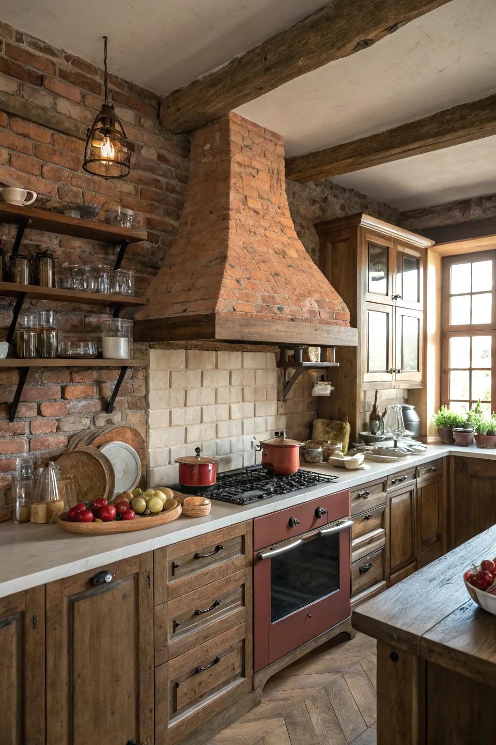 Brick-clad range hoods add vintage charm and inviting warmth.