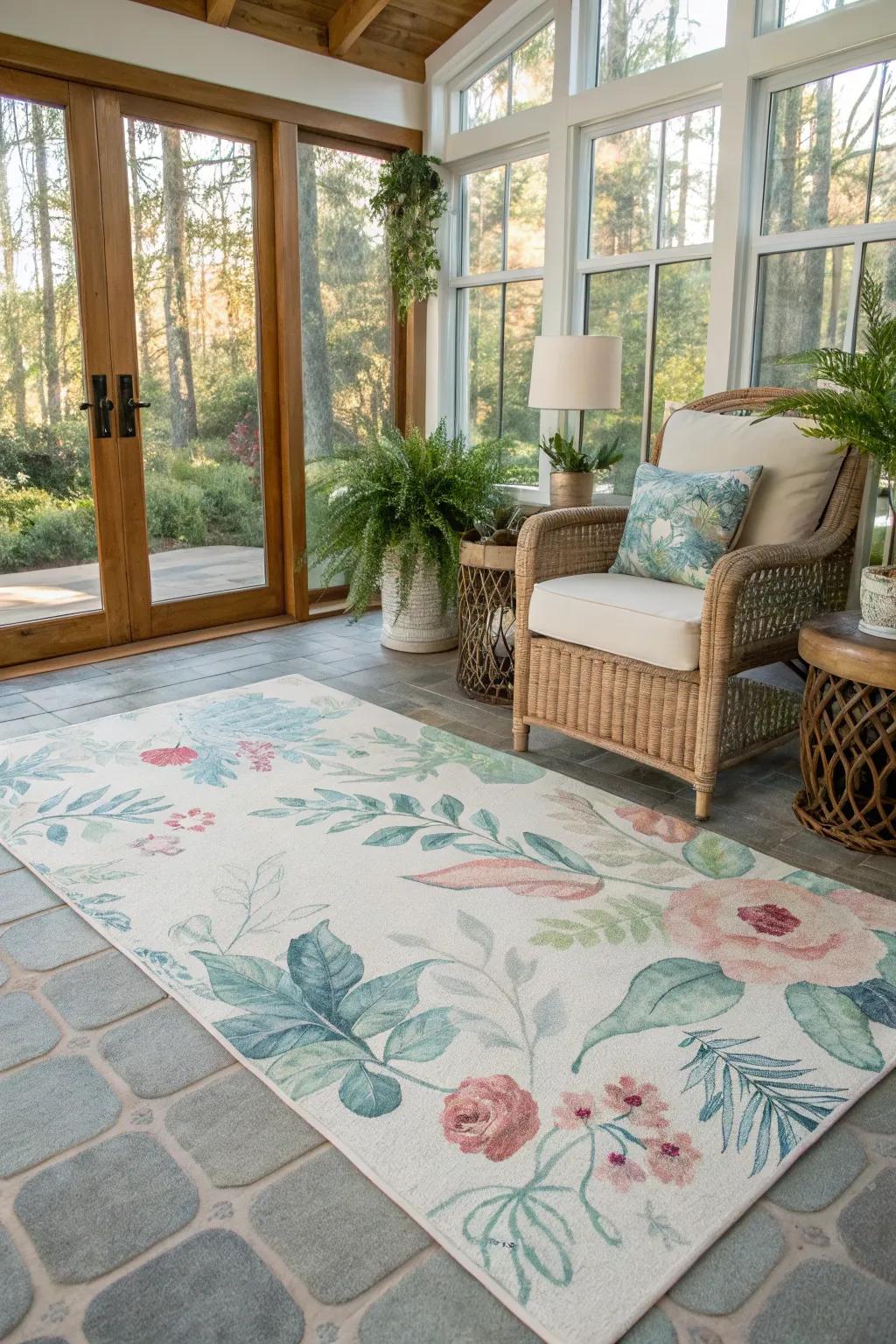 Floral watercolor rugs establish a serene and artistic ambiance.