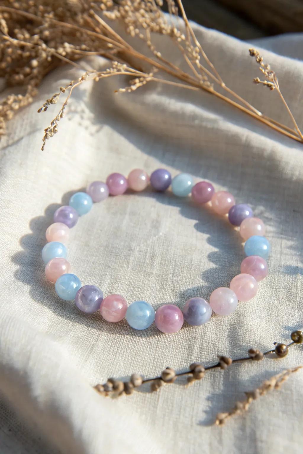 Capture the artistry of watercolor with this exquisite bead bracelet, where each bead is a gentle blend of pastel hues, evoking a sense of natural beauty and minimalist elegance.
