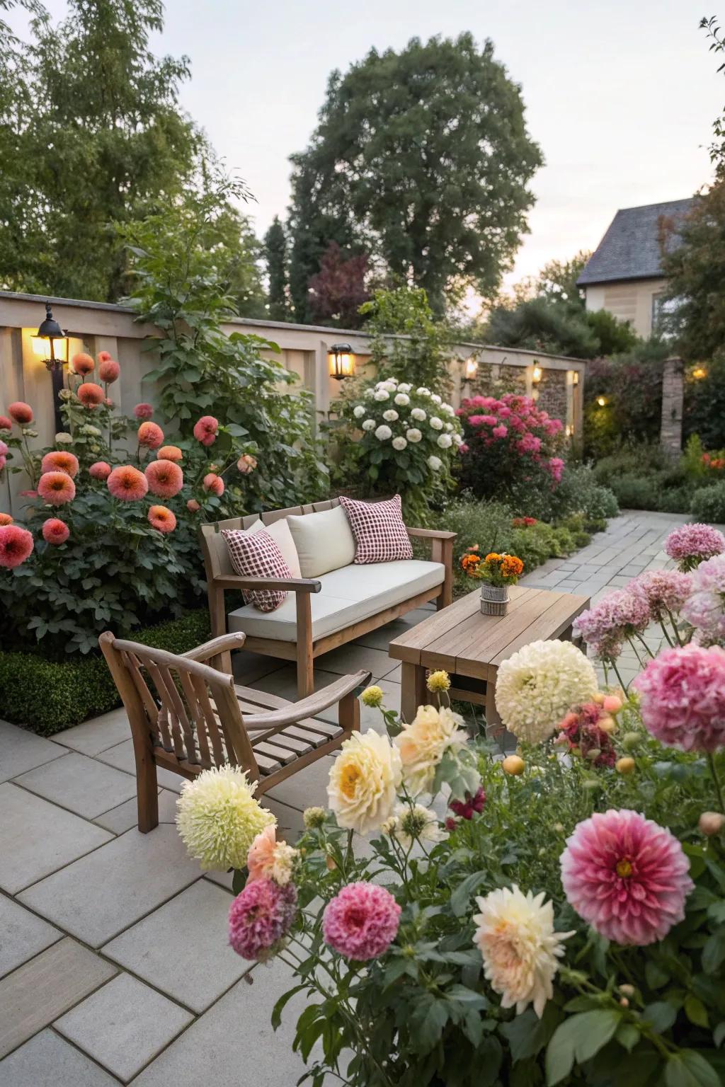 A tranquil courtyard refuge adorned with dahlias.
