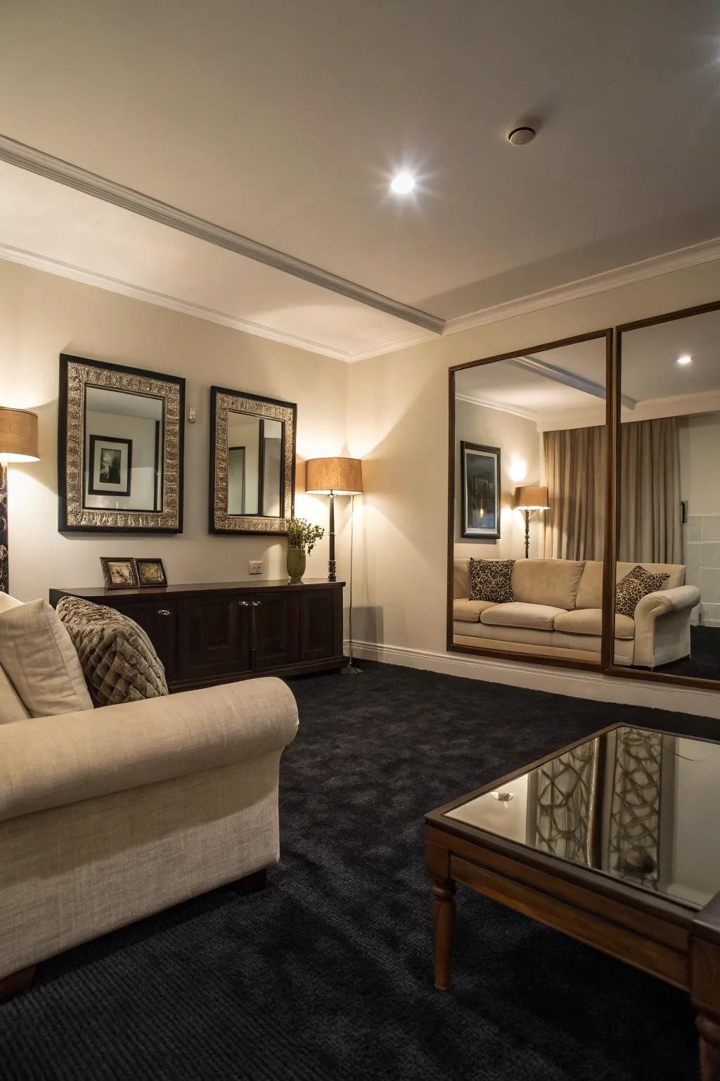 Bright surfaces brighten a space with a dark floor covering.