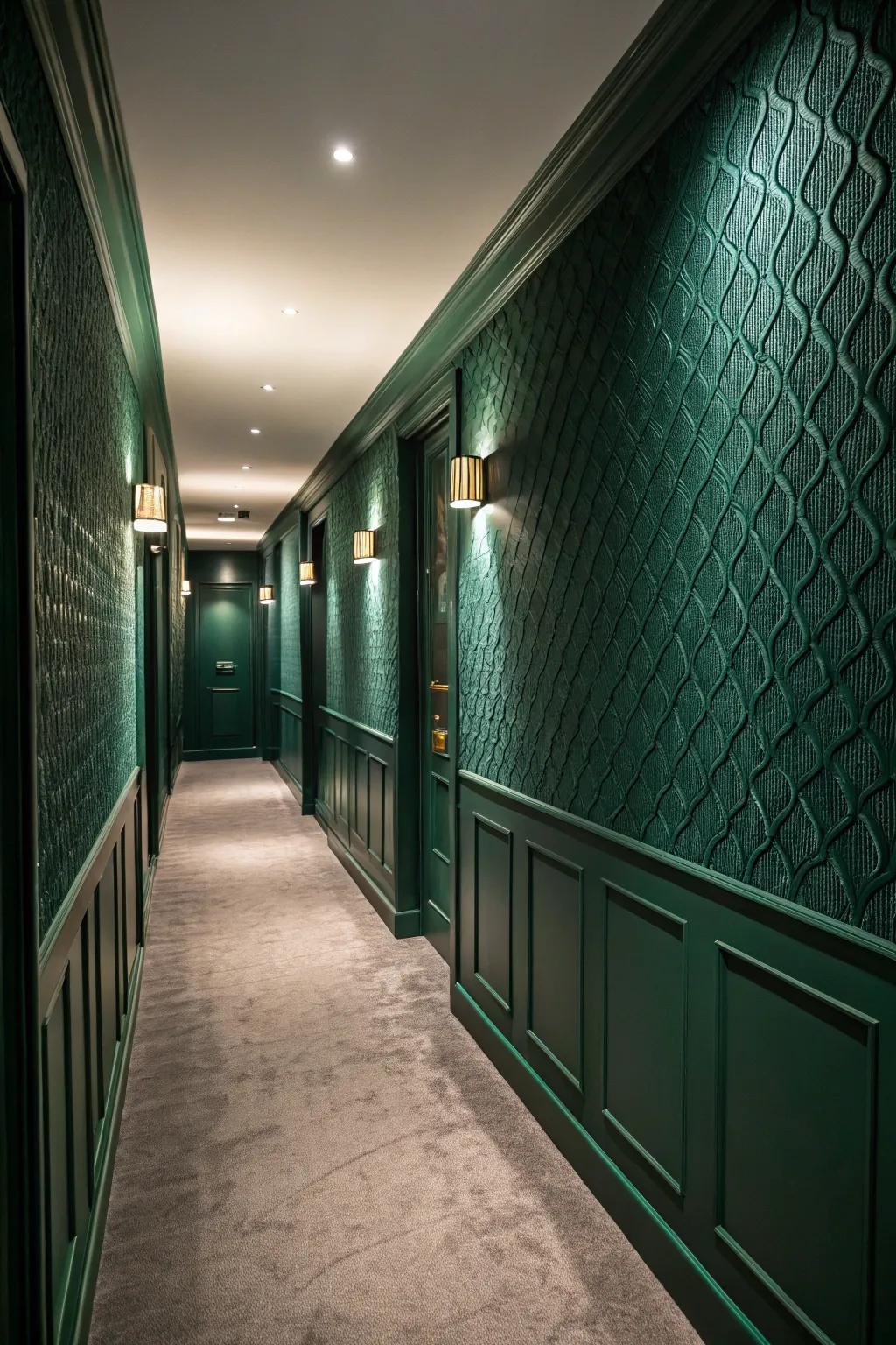 Textured walls add interest to the deep green hallway.
