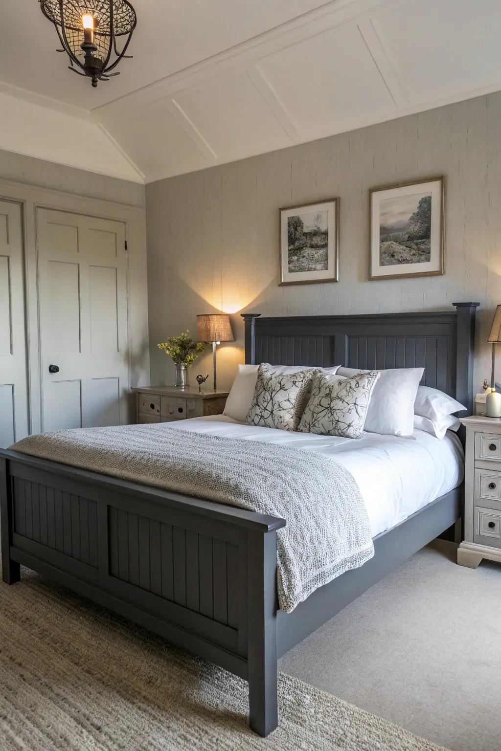 White details offer a fresh contrast to a dark grey bed frame.