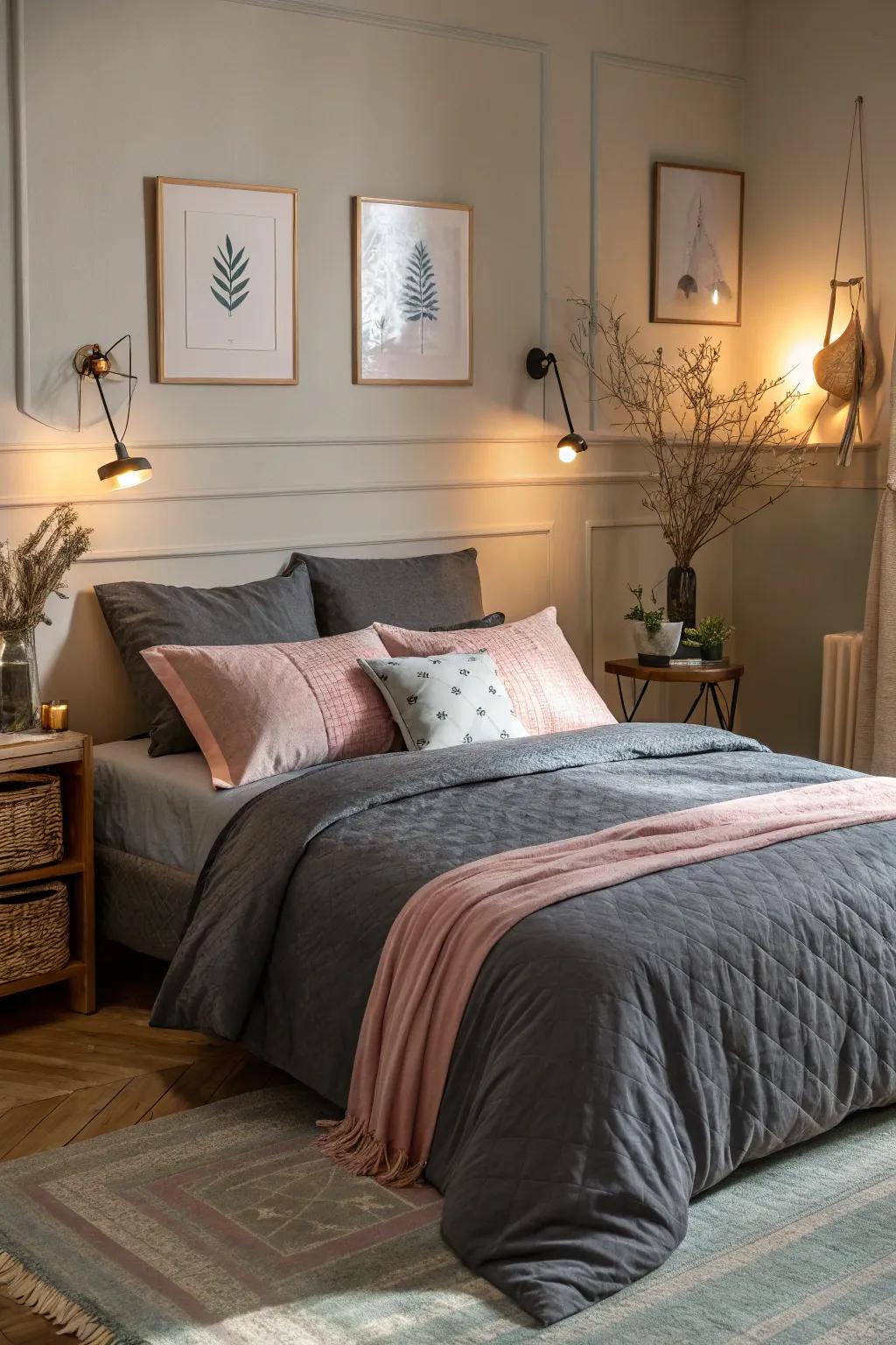Charcoal bedding is complemented and softened by pastel accents.