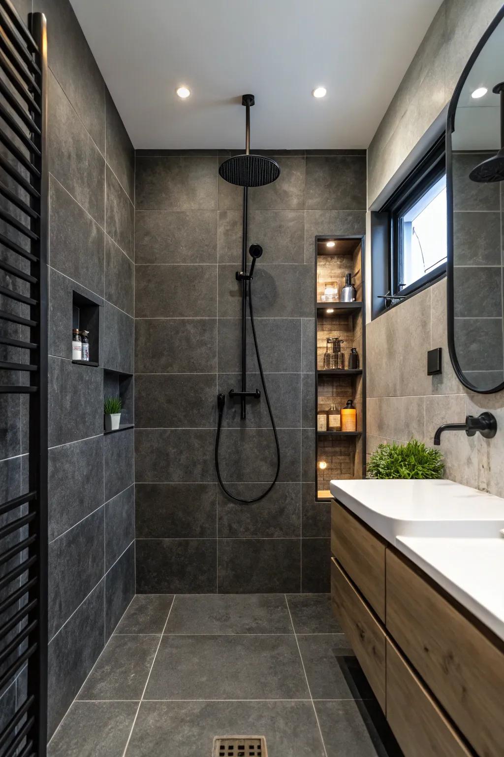 Black accents enhance the dramatic appeal of dark grey tiles.