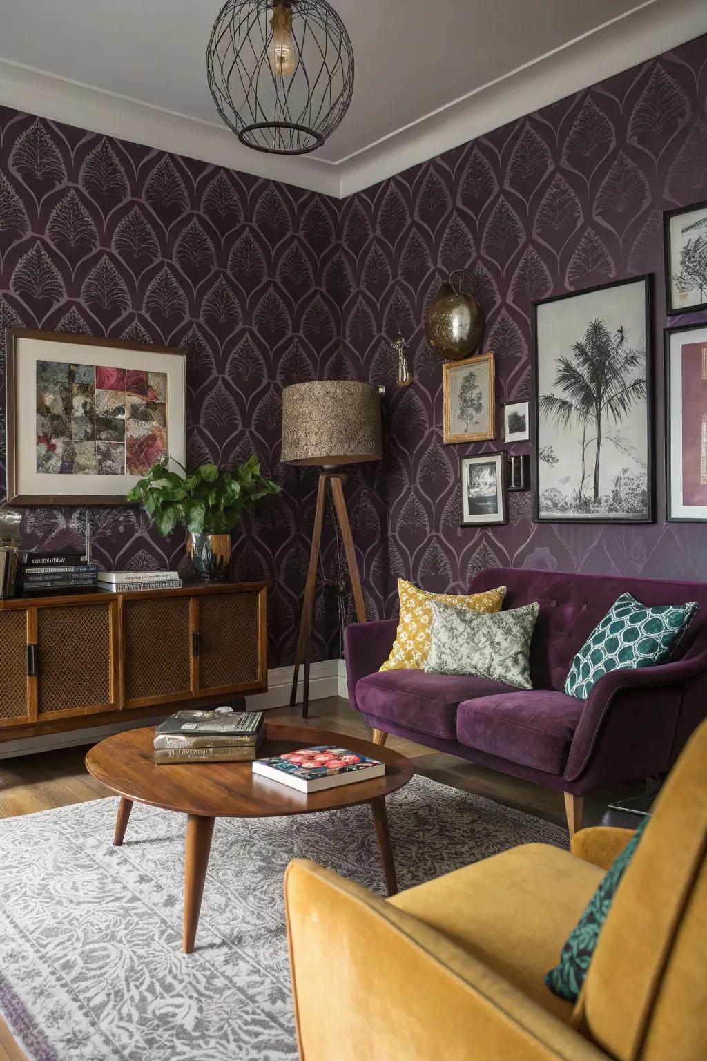 Violet wallpaper enriches this varied lounge with enhanced texture and pattern.