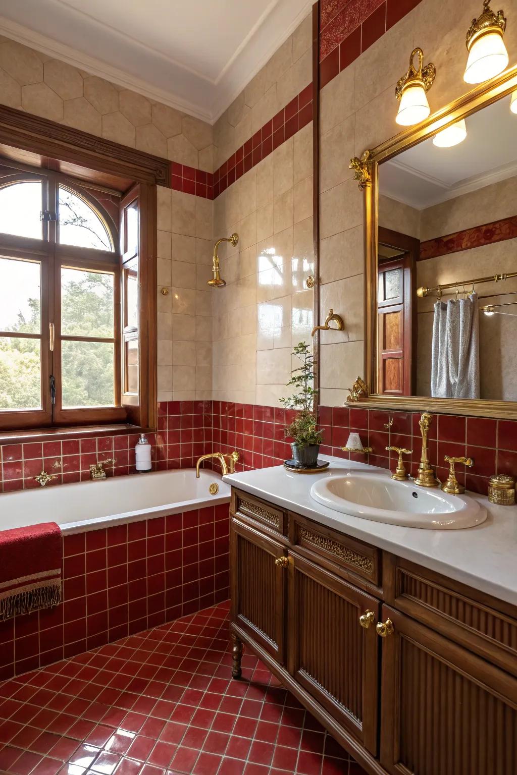 Red and brass create a sophisticated and harmonious bathroom.