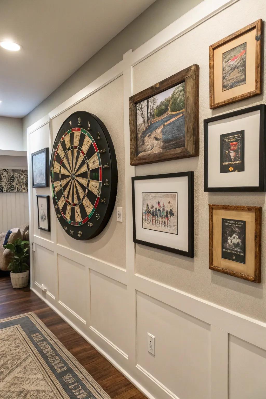 An artistic dart board wall that doubles as a gallery.
