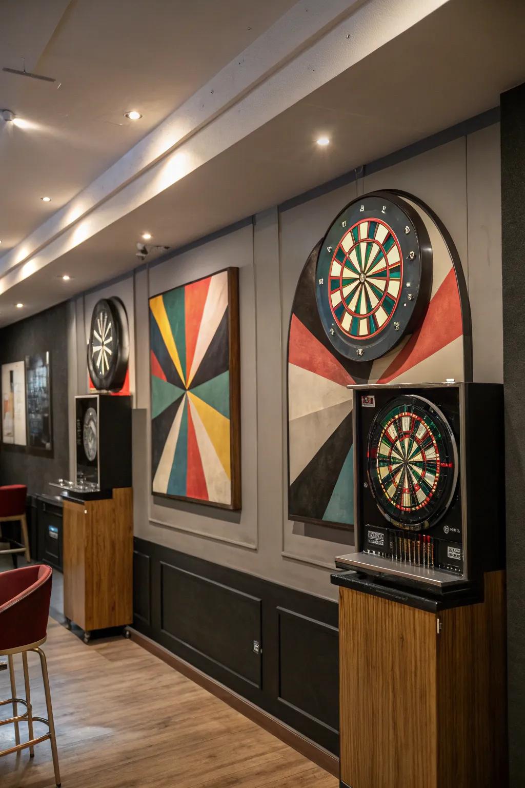 Abstract art backdrops introduce contemporary flair to your dart room.