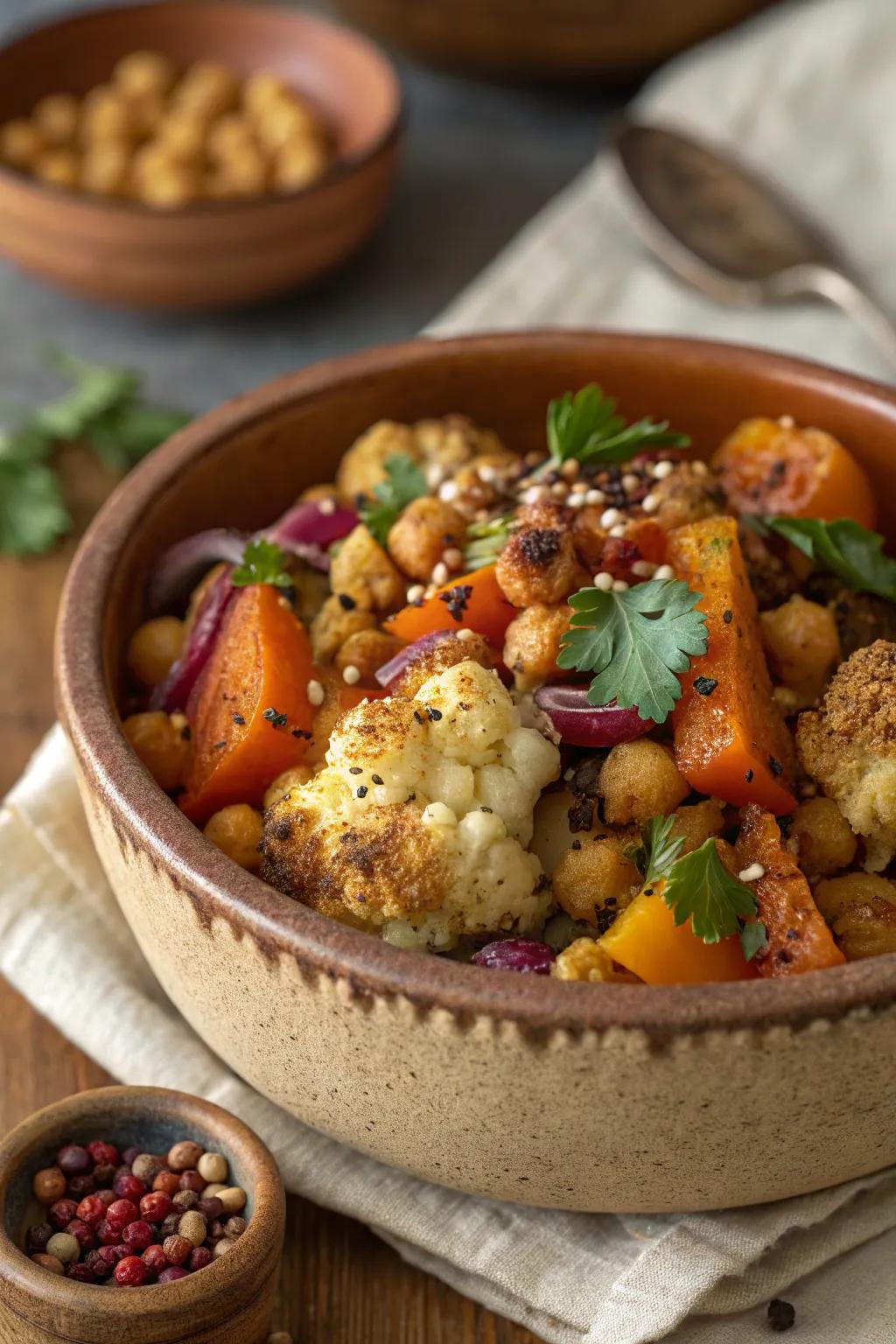 A hearty roasted cauliflower and chickpea bowl.