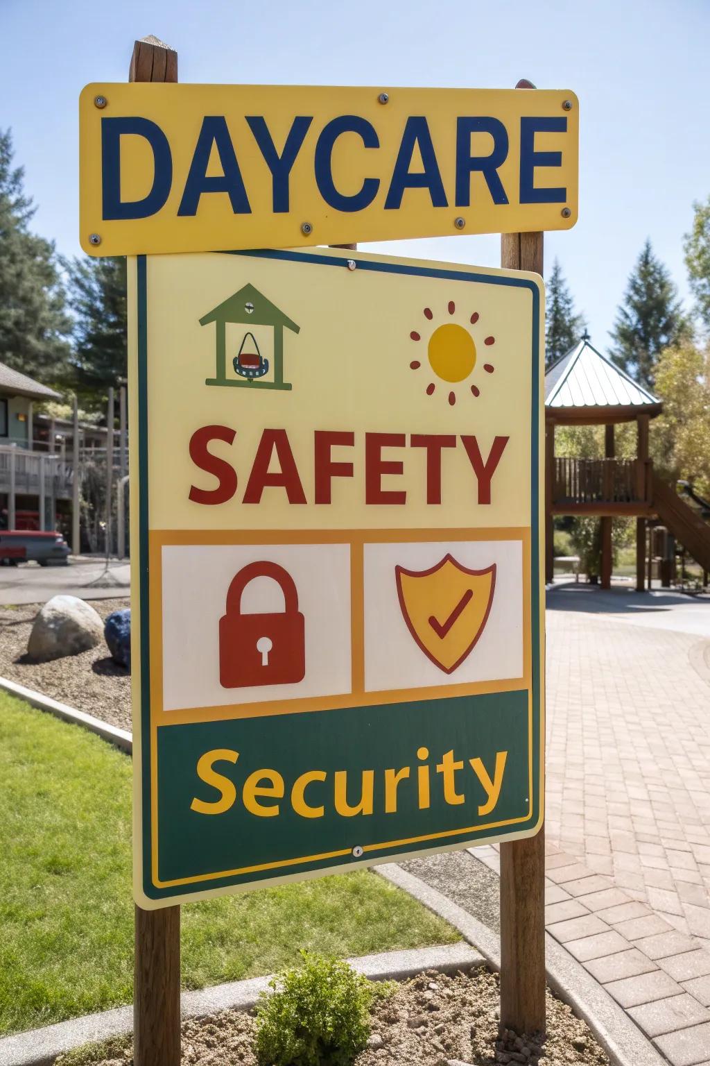 Reassurance is provided to parents with safety-first messaging featured on the daycare sign.