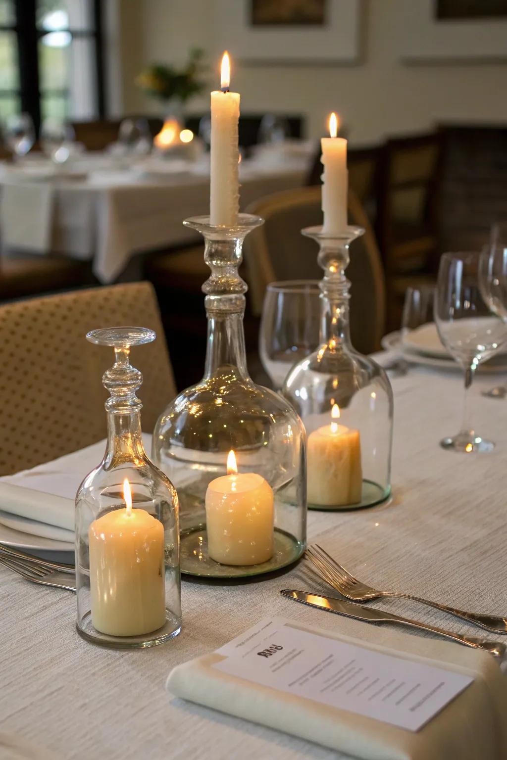 Glass vessels repurposed as candle holders for a cozy dining setup.
