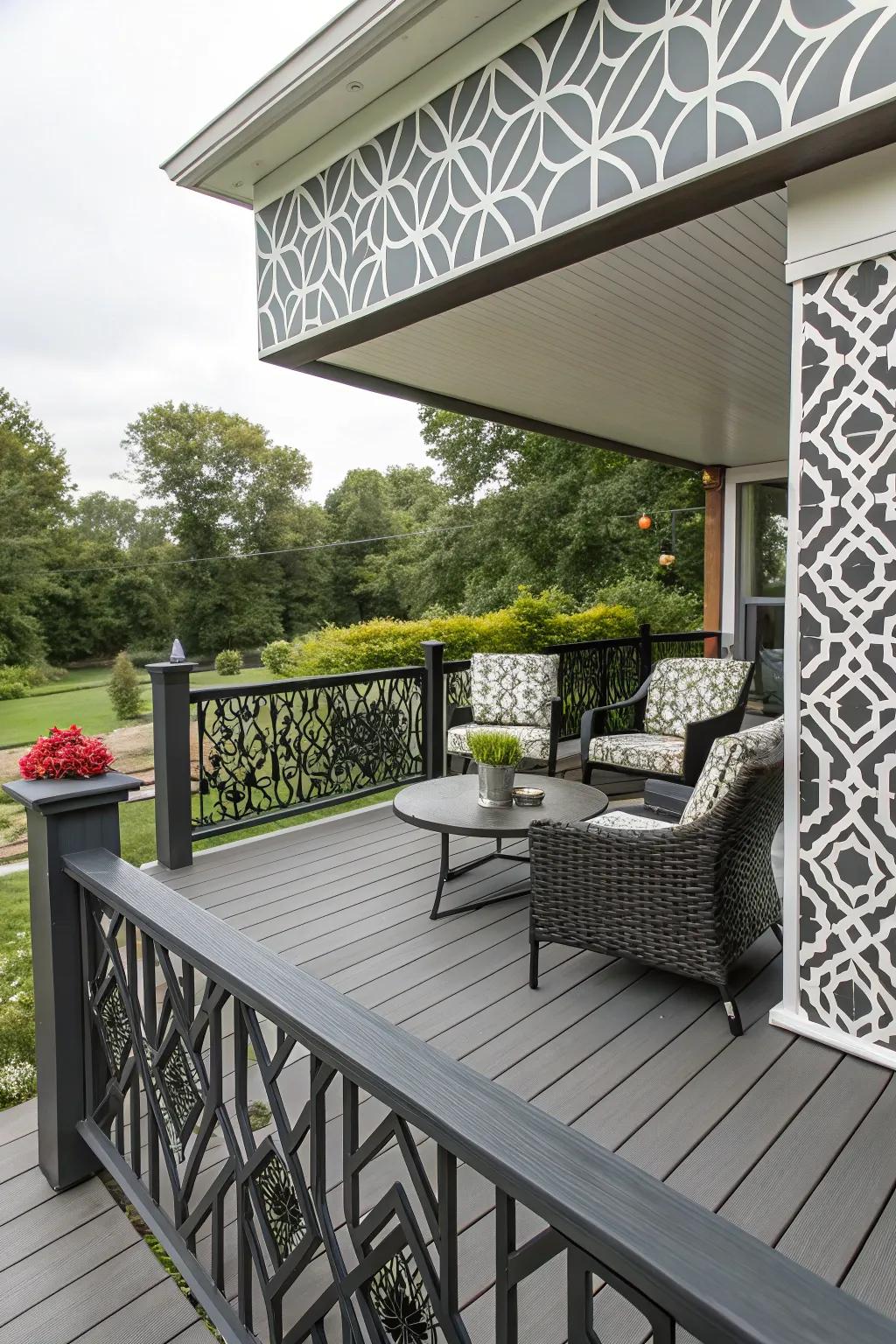 Geometric patterns in fascia introduce a modern, artistic vibe.
