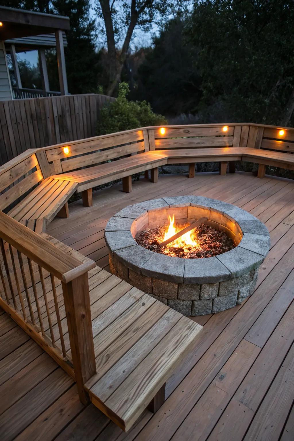 Built-in benches around a fire pit create a cozy and efficient seating arrangement.