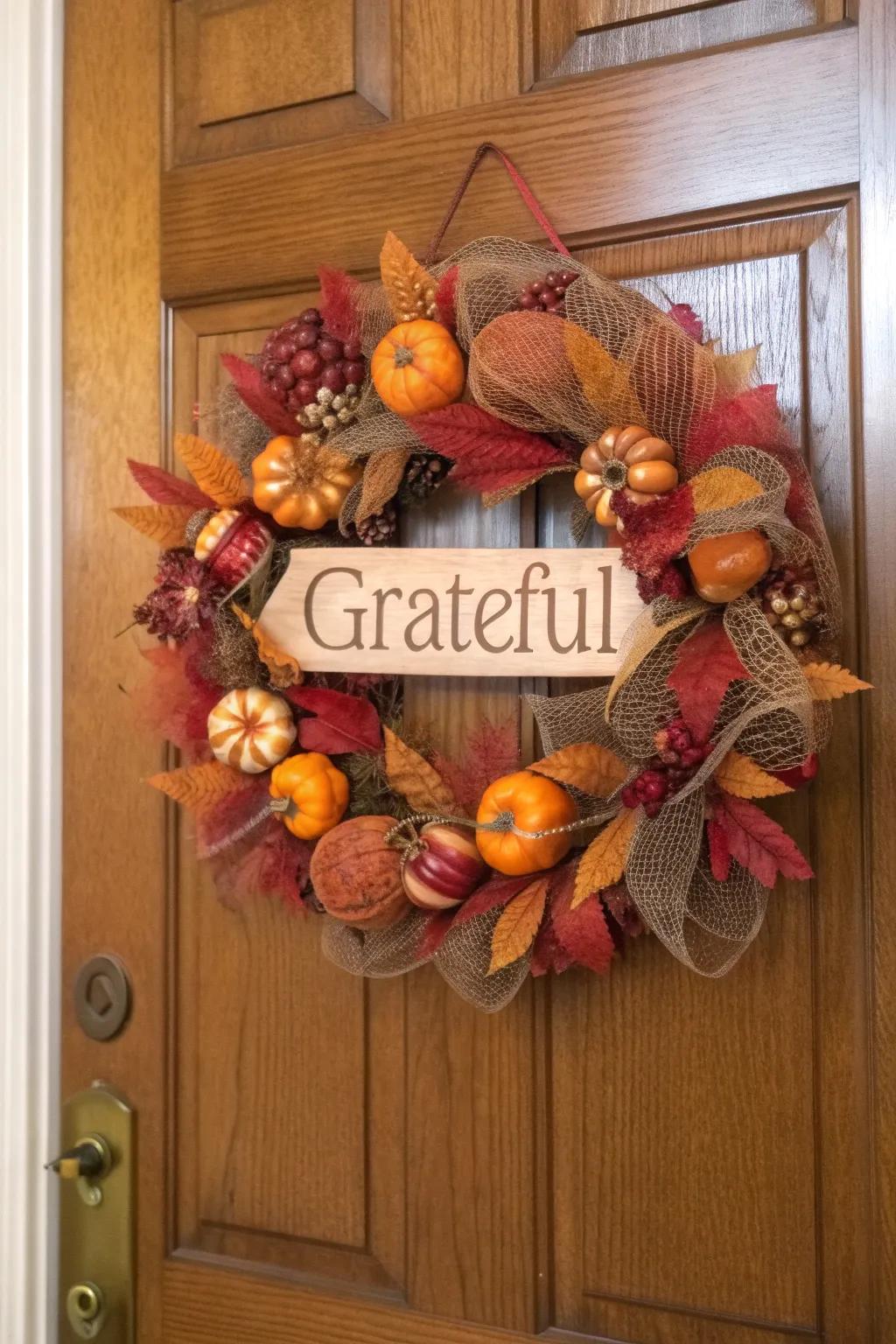 A Thanksgiving deco mesh wreath that expresses gratitude.