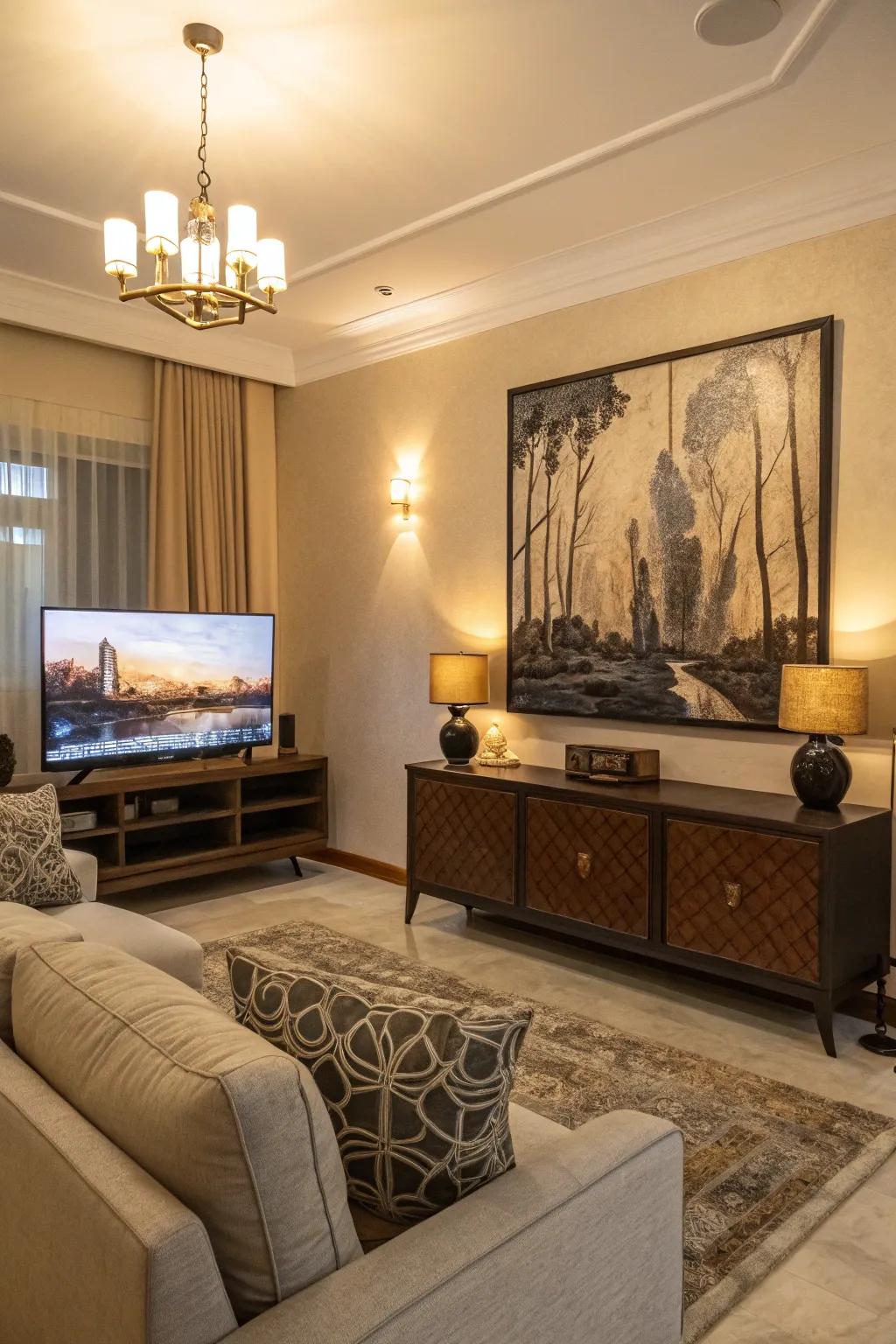 Large art makes a striking and consistent background for the TV.