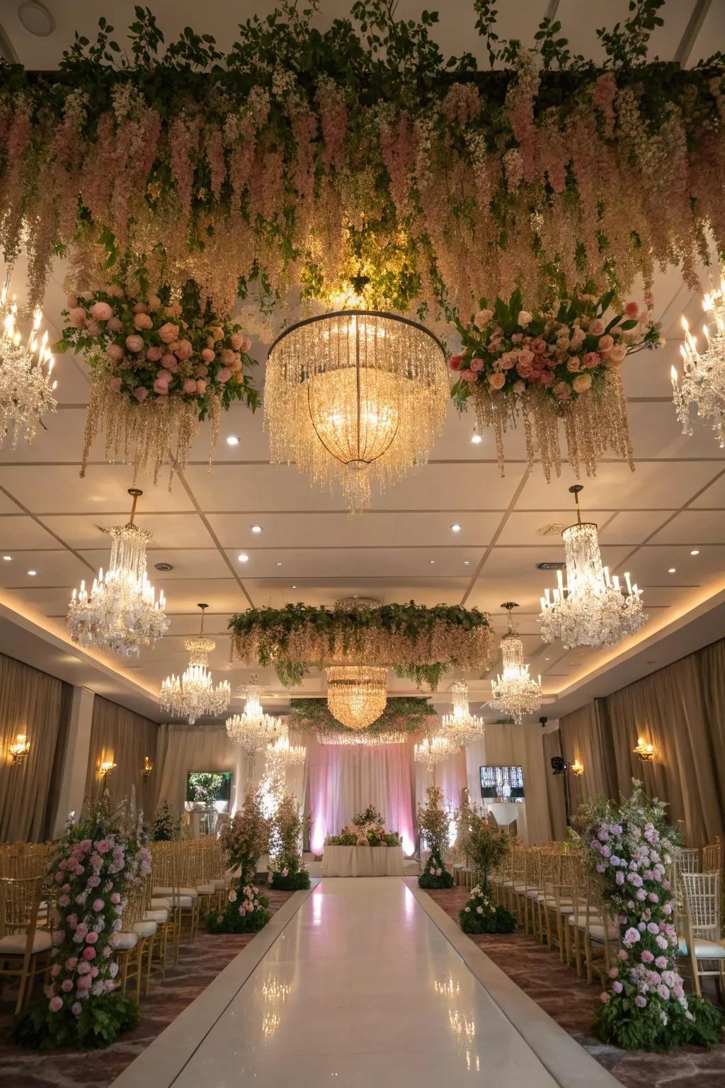 Stunning ceiling decor adding a wow factor to a wedding venue.