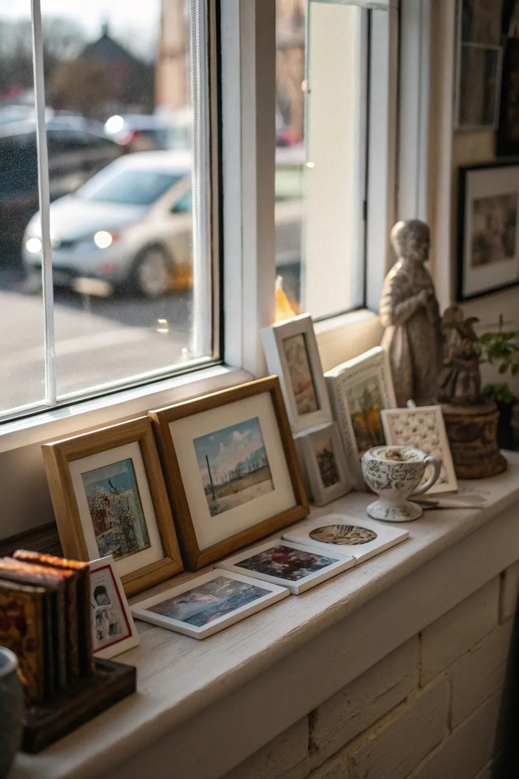 A miniature display of artwork situated on your window ledge contributes a personal and artistic element.