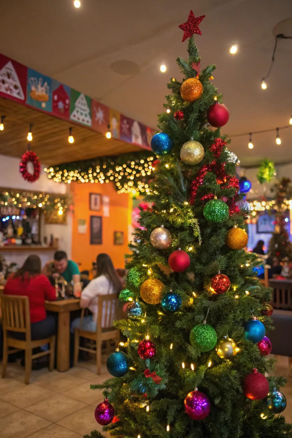 A festive party Christmas tree with vibrant colors and joyful decorations.
