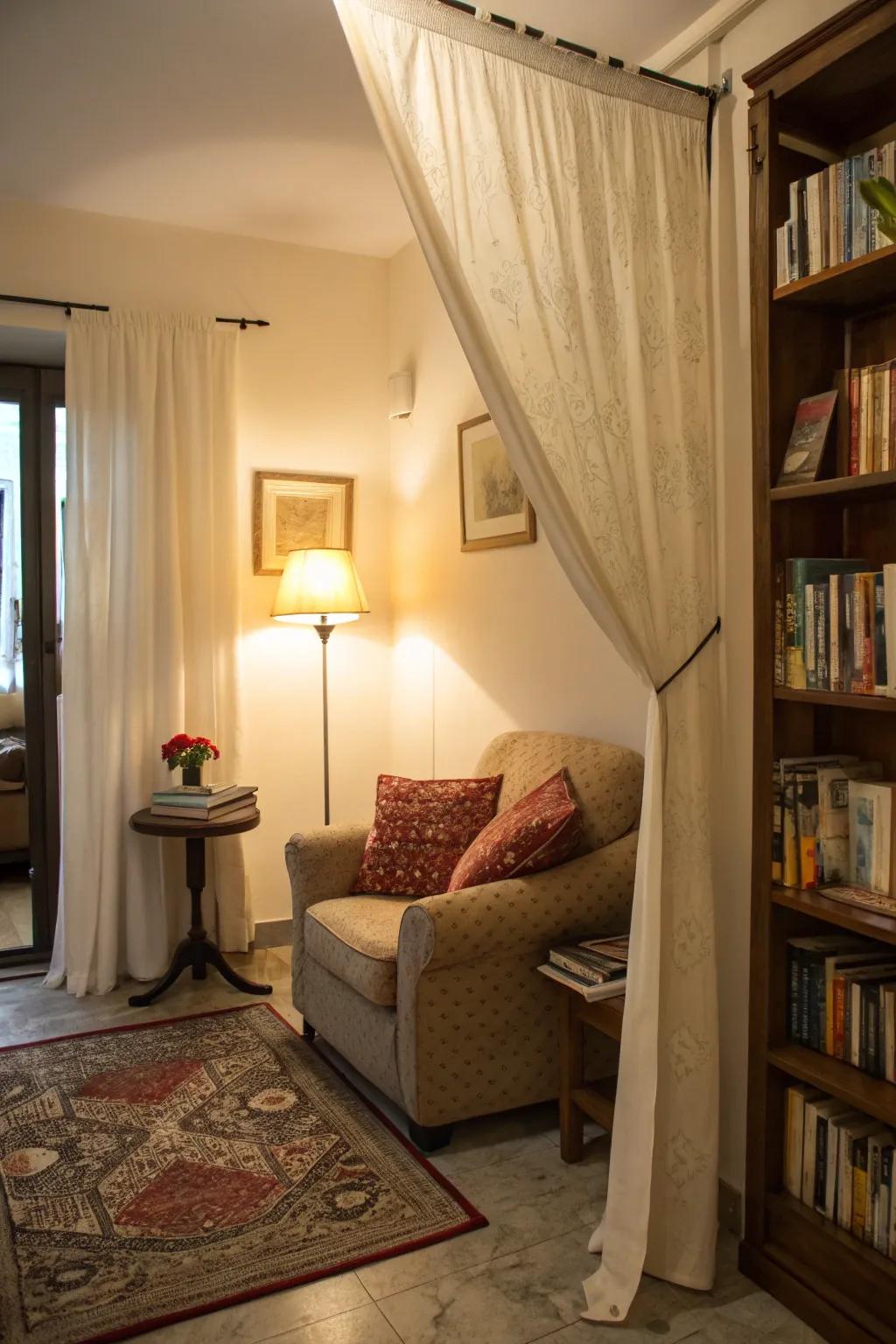 Curtains define spaces while maintaining openness.