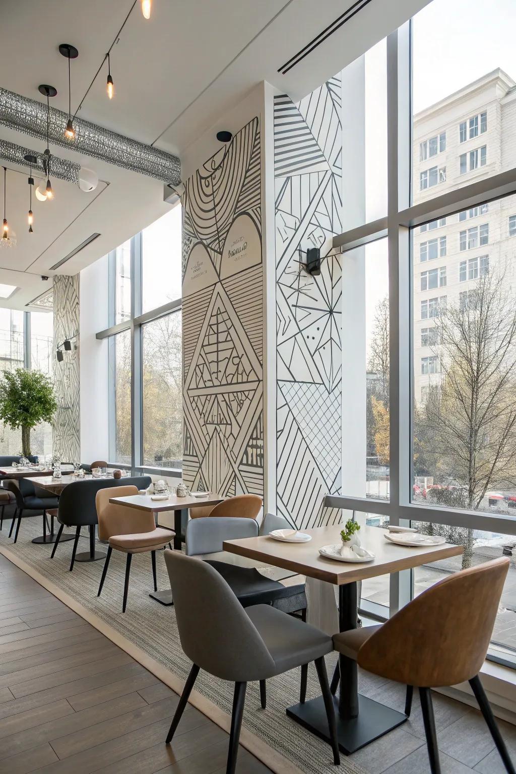 A modern dining area featuring geometric pattern sketches.