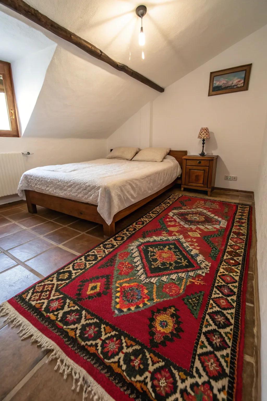 A strongly patterned rug anchors the space in a small bedroom.