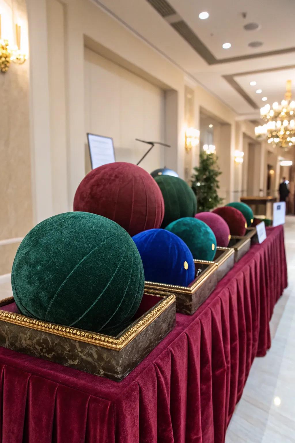 Velvet-covered spheres adding a luxurious touch