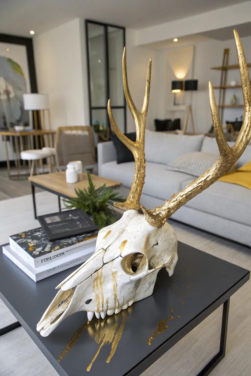A creative paint flow transforms a deer skull into a modern artwork.