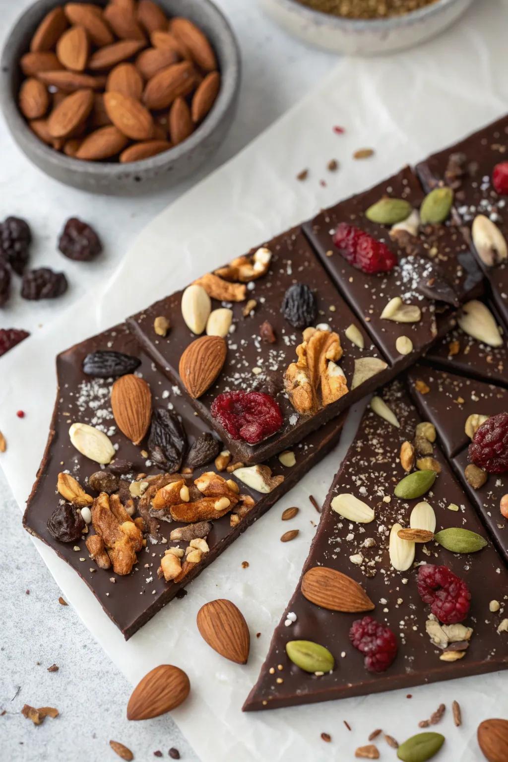 Cocoa slab featuring nuts, seeds, and desiccated fruits arranged in an arid land-inspired pattern.