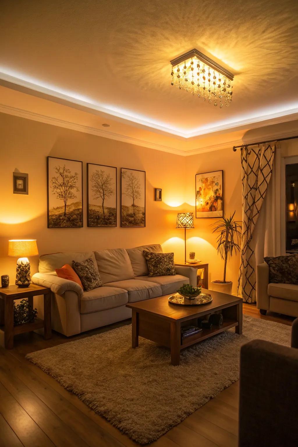 A room transformed by cutting-edge lighting that emanates a cozy radiance.
