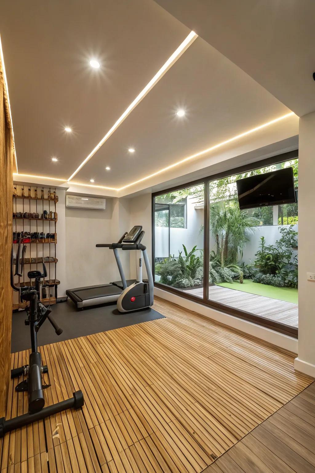 An eco-safe personal gym featuring renewable components and energy-saving lighting.