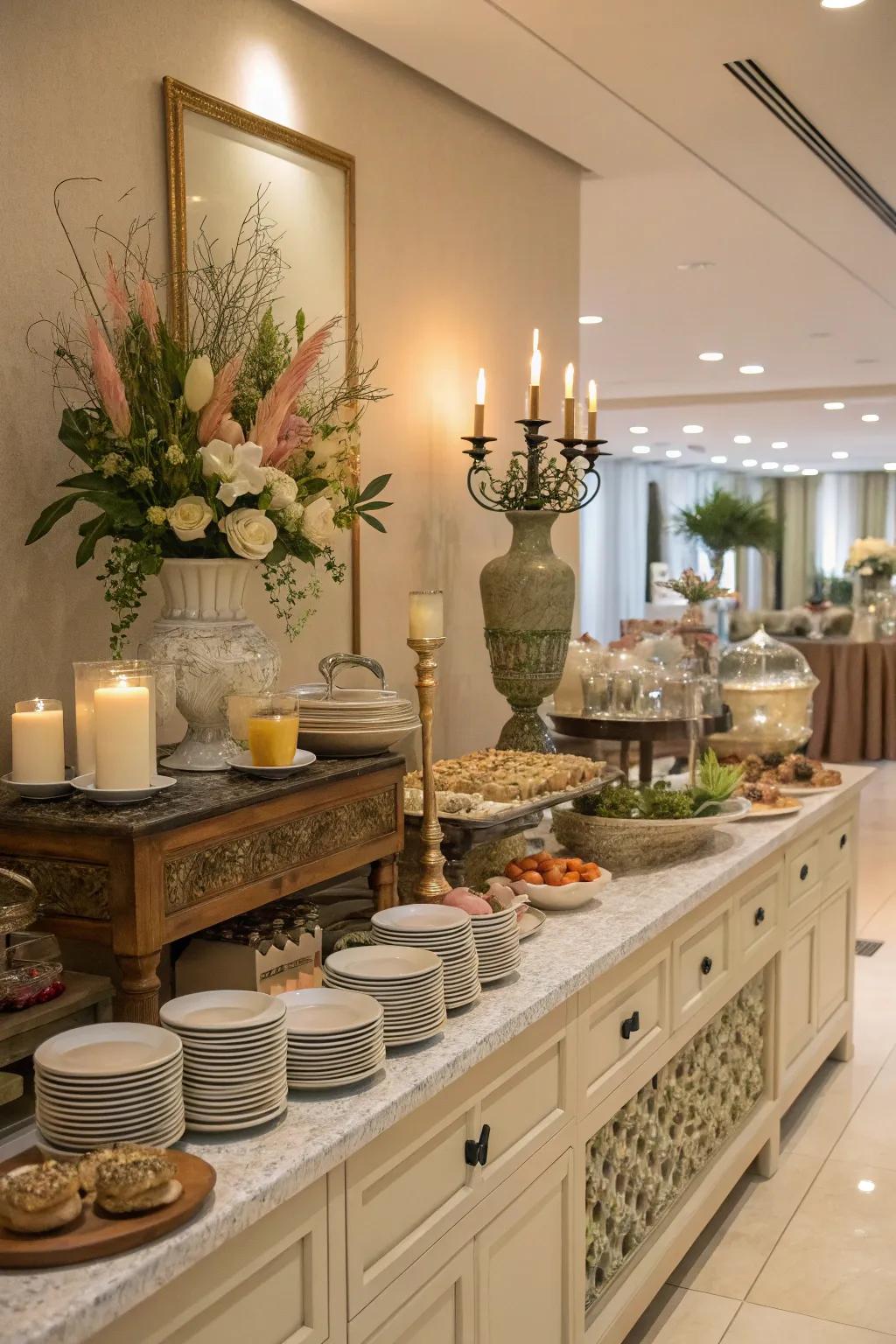A tight color palette establishes a cohesive and harmonious buffet decor.