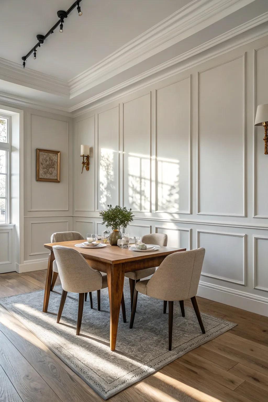 Minimalist wainscoting enhances the modern aesthetic with sleek lines.